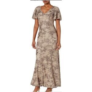 Alex Evenings Long Formal Sequin Dress Short Flutter Sleeve Size 16 Taupe NWT